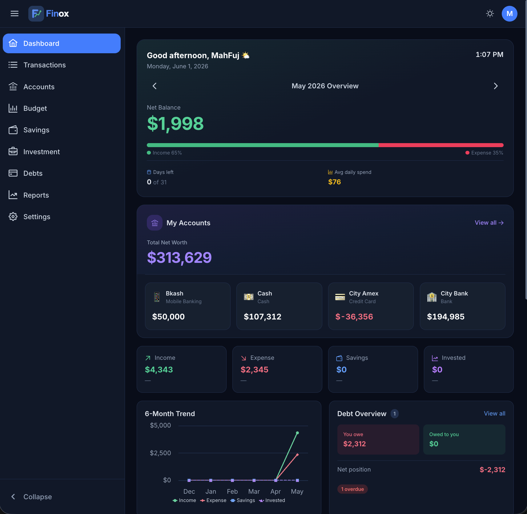 Finox Dashboard — track income, expenses, accounts and net worth