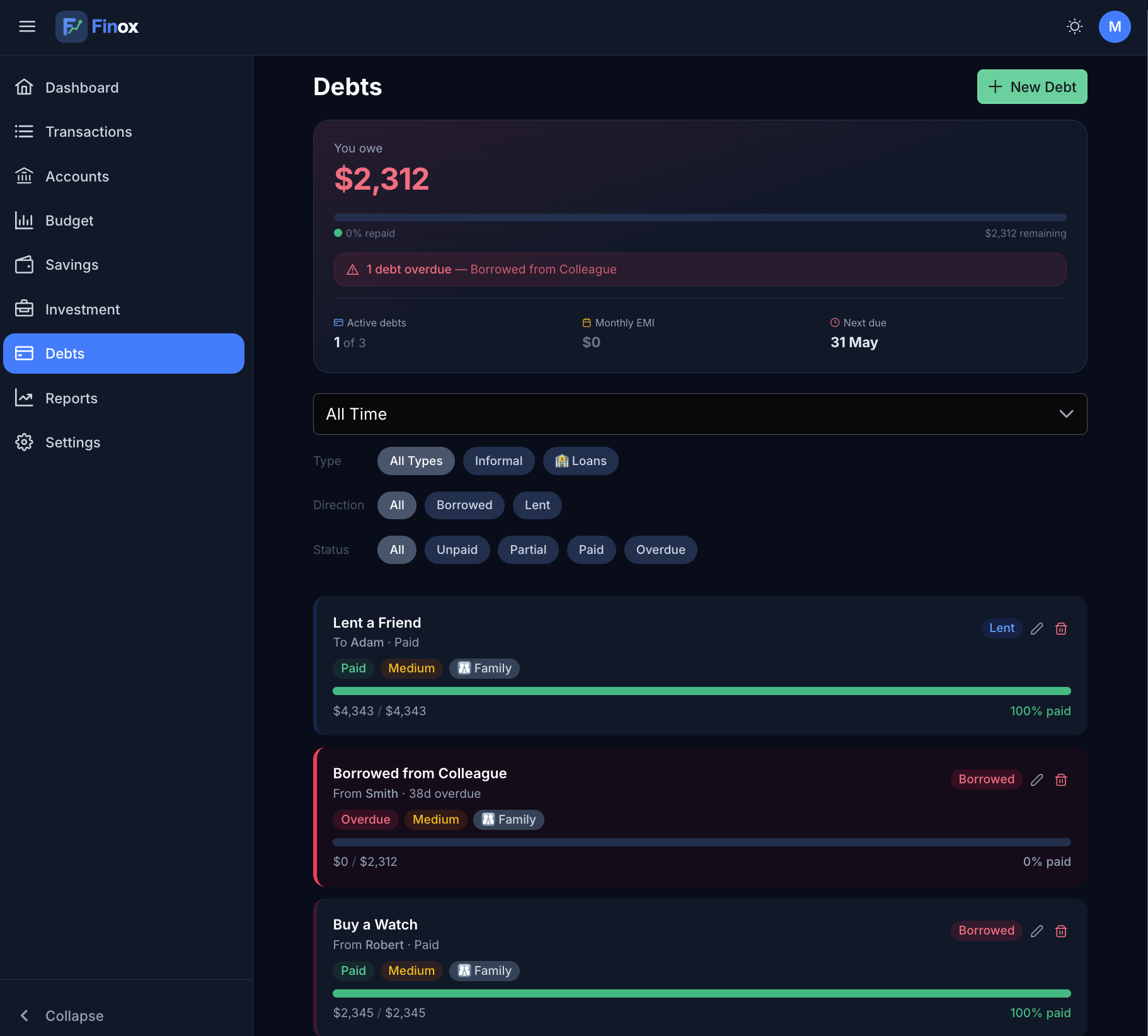 Finox debt screen with loan EMI timelines and due dates