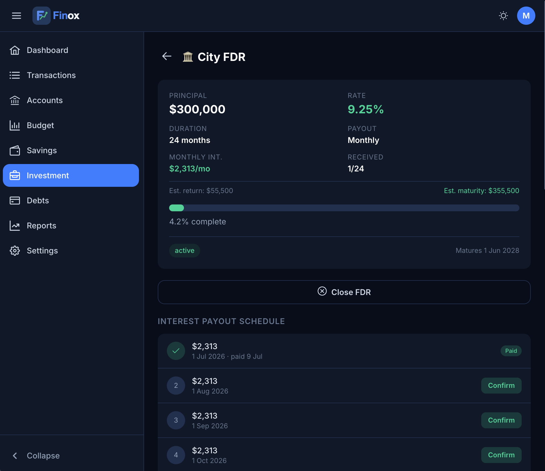 Finox investment screen tracking FDR principal, interest and maturity