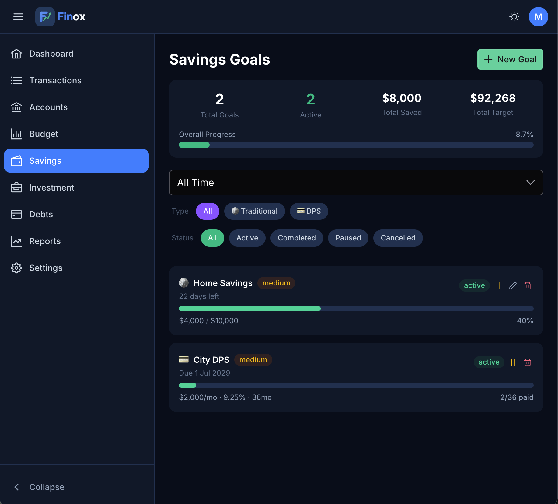 Finox savings screen with goal progress and DPS schemes
